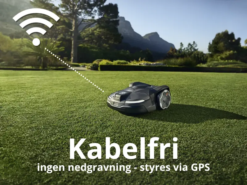 Robotgræsslåmaskine med kabel til mellemstore haver (1000-3000 kvm). Bluetooth eller WiFi-styring for nem kontrol og præcis klipning.